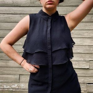 Womens ruffled sleeveless button down Tunic - Black | mid thigh length - small